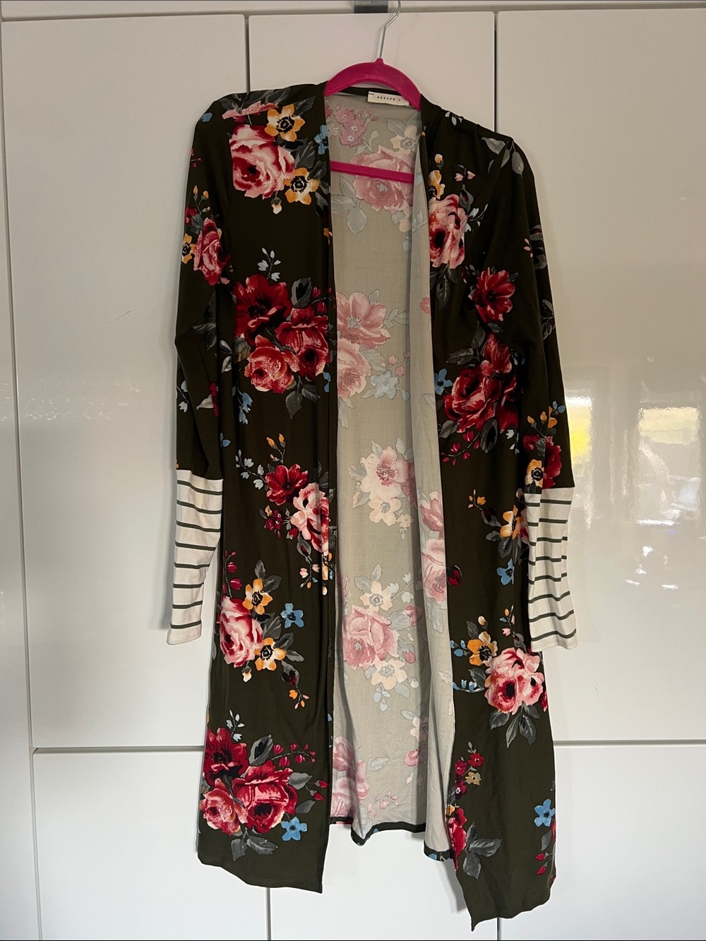 Reborn Olive Floral Open-Front Cardigan with Striped Cuffs